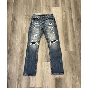 BKE Jake Jeans Mens 30x32 Blue Straight Faded Distressed Style Whiskers